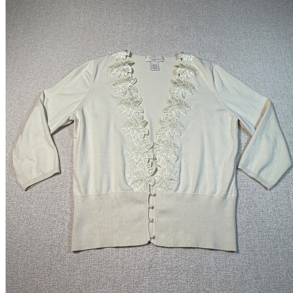 Mainbocher Women XL Cream Silk Blend Floral Embroidered Elegant Knit Cardigan
